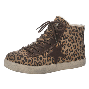 MILLIE'S/妙丽豹纹高帮板鞋女系带加绒内增高轻便休闲鞋厚底女鞋