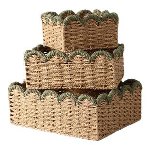 手工编织收纳筐桌面零食杂物长方形整理筐藤编复古高颜值收纳盒子