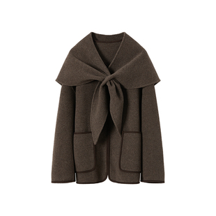 CROWNLESS未冕25秋冬新重磅羊毛双面呢可拆兔耳围巾+圆弧领短大衣