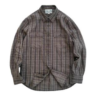 西里布美式格子条纹衬衫复古咖啡色亚麻咔叽休闲新品非rrl kapita