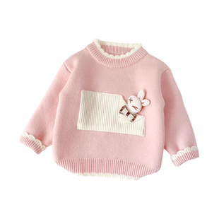 女童加绒毛衣一体绒针织衫保暖婴儿童卡通冬季女宝宝羊羔绒打底衫