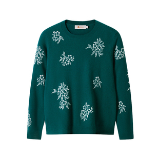 皮皮狗25秋冬新款女士圆领羊绒衫拉网提花竹子沉稳复古优雅