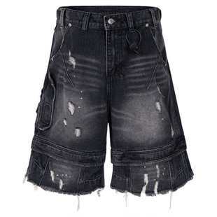 HY711 水洗磨破刮坏流苏破洞黑色五分工装牛仔裤far archive短裤