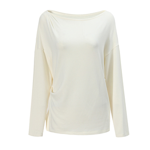 NON RESTRAIN简约褶皱斜肩针织长袖T恤女慵懒感蝙蝠袖一字领上衣