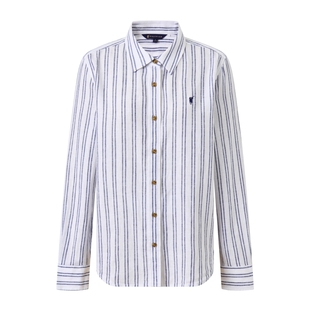 POLOWALK女式衬衫2026春季新品亚麻混纺时尚双条纹翻领长袖衬衫