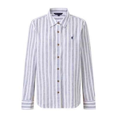 亚麻混纺双条纹翻领长袖衬衫