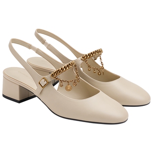 CHARLES&KEITH26秋季新款CK1-60361633一字带链条粗跟玛丽珍凉鞋
