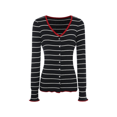 Maison Wester2025年冬季新品藏青毛衣白条红边V领单排扣针织开衫