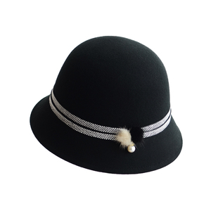 赫本毛呢帽子女冬韩版复古盆帽黑色小檐渔夫帽优雅圆顶小礼帽百搭