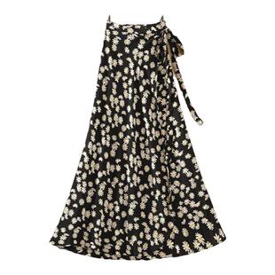 雪纺碎花系带半身裙中长款夏季度假防晒沙滩裙一片式高腰显瘦裹裙