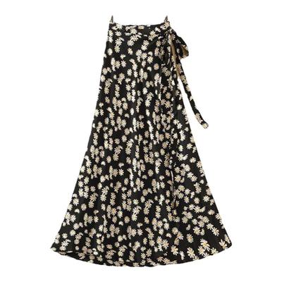 雪纺碎花系带半身裙中长款夏季度假防晒沙滩裙一片式高腰显瘦裹裙