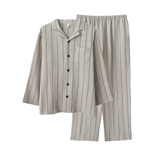 麦穗条纹睡衣男士春夏季纯棉纱布双层绉布薄款长袖长裤家居服套装