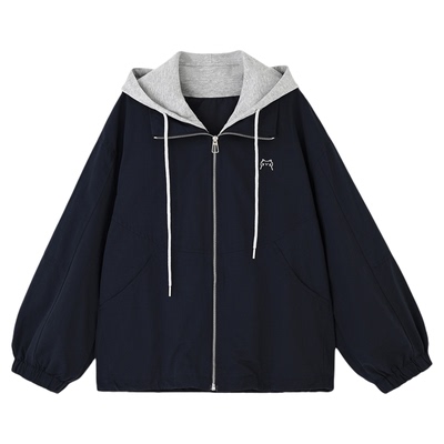 女装针织撞色帽假两件外套