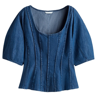 HM女装衬衫春季气质时尚芭蕾领裙式下摆牛仔上衣1303746