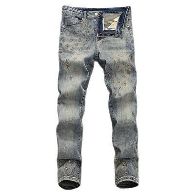 欧货高端复古色图案牛仔裤