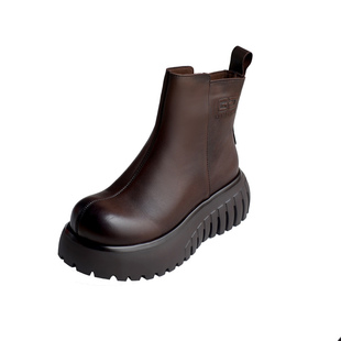 真皮马丁靴子女秋冬新款圆头显瘦厚底短靴加绒保暖棉鞋坡跟时装靴