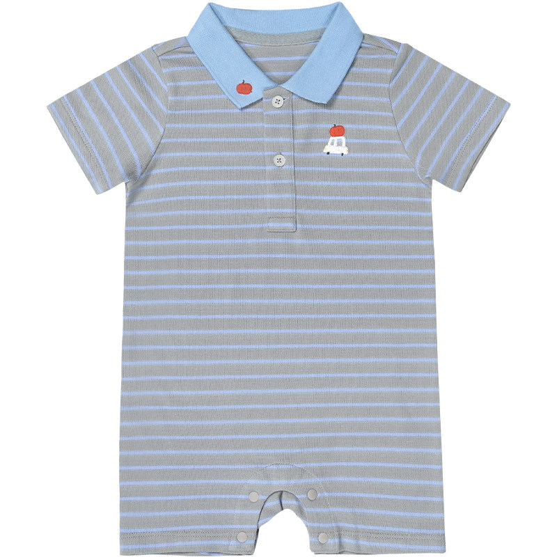 minizone婴儿衣服女婴夏季短袖哈衣条纹男宝宝Polo翻领包屁衣a类