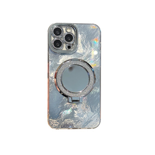 闪粉支架小镜子适用于iphone16手机壳17proMAX羽纱毛冰川纹苹果15补妆镜面13电镀镜头带膜14plus高级感防摔女