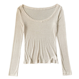 黑色微透薄款针织内搭小衫女秋低胸大领口螺纹打底衫长袖t恤上衣