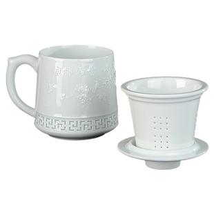 景德镇陶瓷办公杯玲珑影青浮雕茶水分离茶杯高端家用办公带礼盒