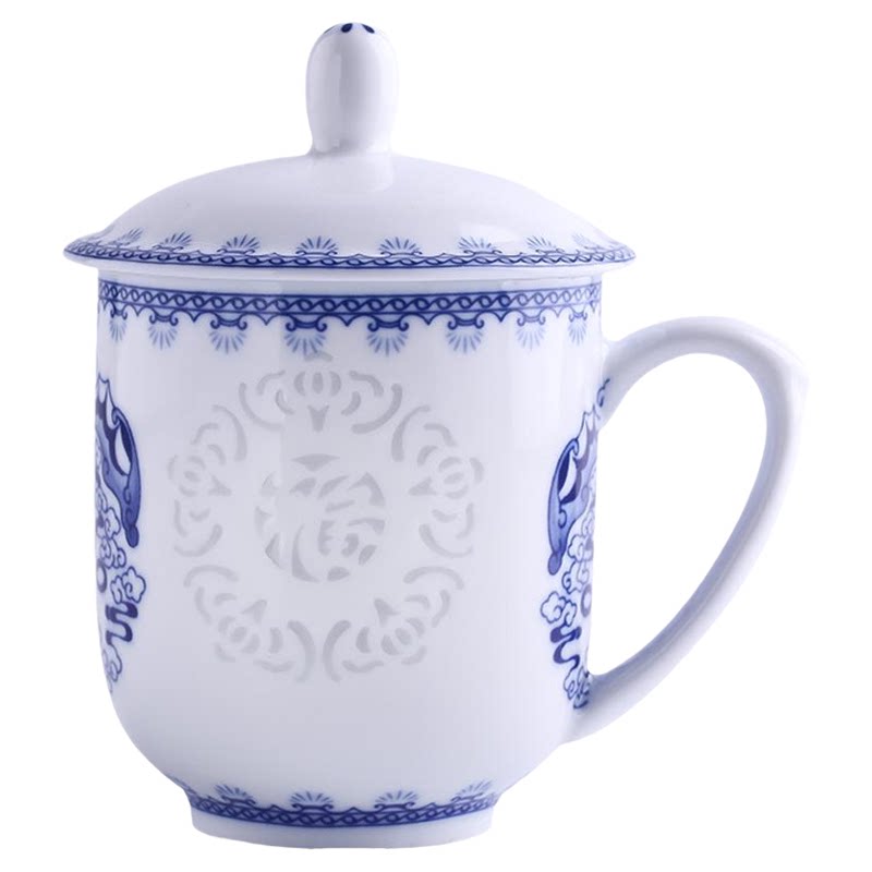 景德镇青花玲珑茶杯陶瓷办公杯家用带盖水杯马克杯会议室泡茶杯子
