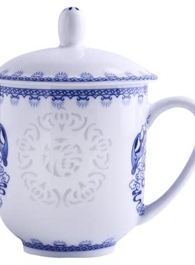 景辰青花玲珑茶杯陶瓷带盖