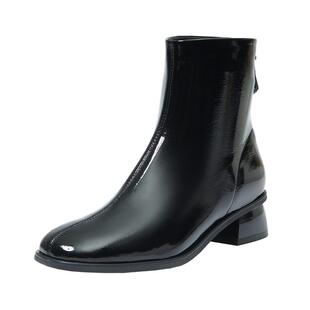 商场同款百田森牛漆皮短靴女秋冬新款中粗跟潮流纯色显瘦女款马靴