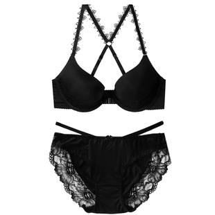 秋冬新款前扣美背内衣女上托收副乳纯欲小胸性感聚拢黑色文胸套装