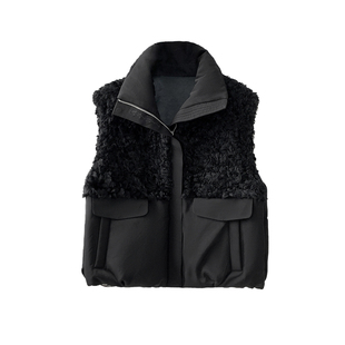 2025年冬季新款女装拉贡羊羔毛拼接短款外穿背心坎肩外套鹅绒服