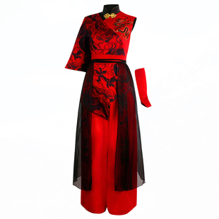 年会红色中国风开场舞舞蹈表演套装新款演出服装女团打鼓舞衣服
