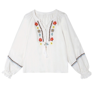 白鹿语民族风刺绣花朵衬衫26春夏新款长袖波西米亚风田园慵懒上衣