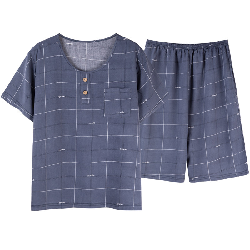 睡衣男夏季纯棉薄款短袖加大码家居服棉绸中年爸爸中老年老人套装