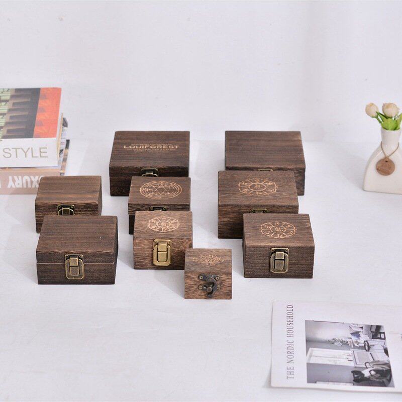 复古桐木炭烧收纳木盒翻盖文玩礼伴锁带木盒物储锁带翻盖式首饰手