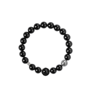 炙真银楼平安锁·花窗手串男天然黑发晶纯银铜钱手链女黑玛瑙水晶