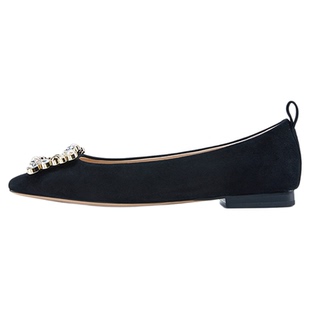 【清仓款】Nine West/玖熙春季低跟单鞋珍钻方扣复古绒面平底鞋女