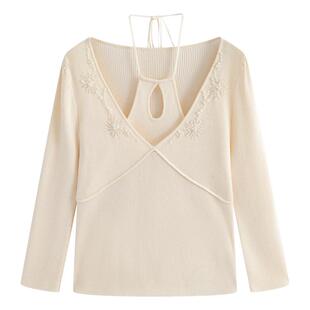 【5折】固执春季复古气质通勤镂空假两件套头七分袖修身针织衫