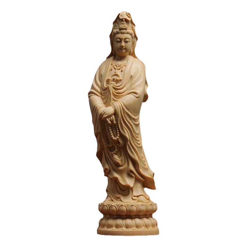念珠观音木雕桧木大号实木雕刻菩萨摆件站立家居玄关供奉佛像装饰