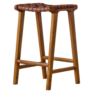 印尼原装进口高脚凳复古实木牛皮北欧家用岛台餐椅ins民宿吧台凳