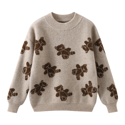 100%纯羊毛双层小熊提花毛衣