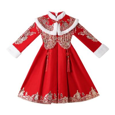 女童冬季红色加绒加厚古装拜年服