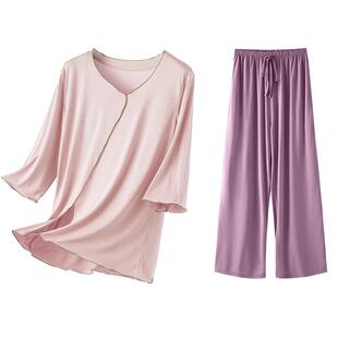 冰丝女睡衣夏季薄款带胸垫免穿文胸短袖长裤凉感可外穿家居服套装