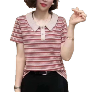 短袖中年妈妈夏季新款气质撞色翻领条纹设计感小众休闲减龄上衣女