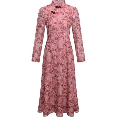 黛玛诗秋季新款中式蕾丝连衣裙女优雅九分袖改良旗袍裙粉色国风