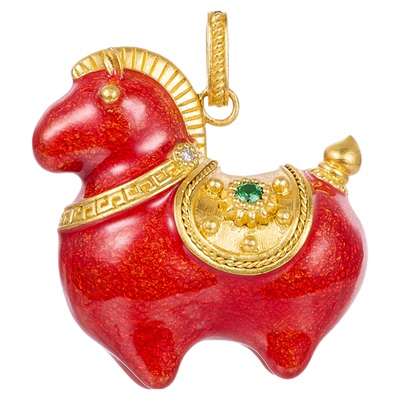 宝石矿工【五福墩墩马】足金珐琅沙弗莱唐马吊坠唐彩马到成功