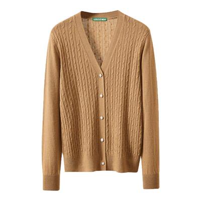 宽松针织100%羊毛V领外套开衫