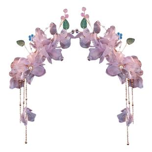 汉服头饰紫色绢花对夹发簪流苏步摇侧边夹古风配饰宋制古装发饰女