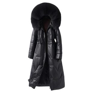 真皮衣羽绒服女中长款黑色收腰狐狸毛领90白鸭绒海宁绵羊皮外套