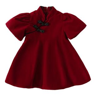 周岁女宝礼服女童连衣裙女孩公主裙宝宝生日红色裙子旗袍儿童衣服