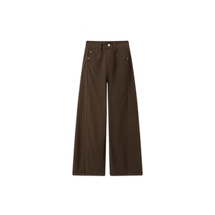 咖色阔腿牛仔裤女秋冬加绒胖妹妹梨型身材mm高腰宽松显瘦弯刀裤子