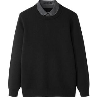 HLA/海澜之家轻商务加绒加厚双领针织衫24秋冬新假两件黑色毛衣男